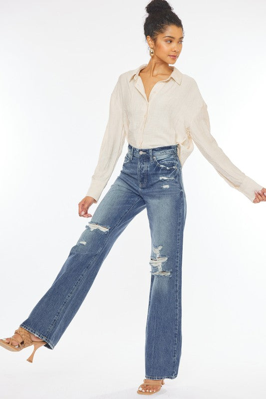 ULTRA HIGH RISE DISTRESSED NINETIES FLARE - KanCan